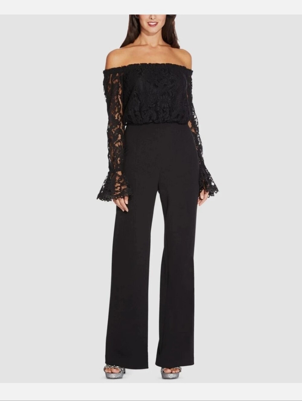 NWT Adrianna Papell Black Lace Crepe Jumpsuit Off Shoulder Bell Sleeve Size 0